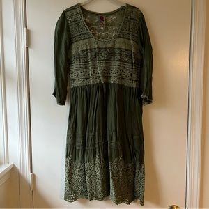 Johnny Was Green Dress with Stunning Embroidery Detail and 3/4 Sleeves